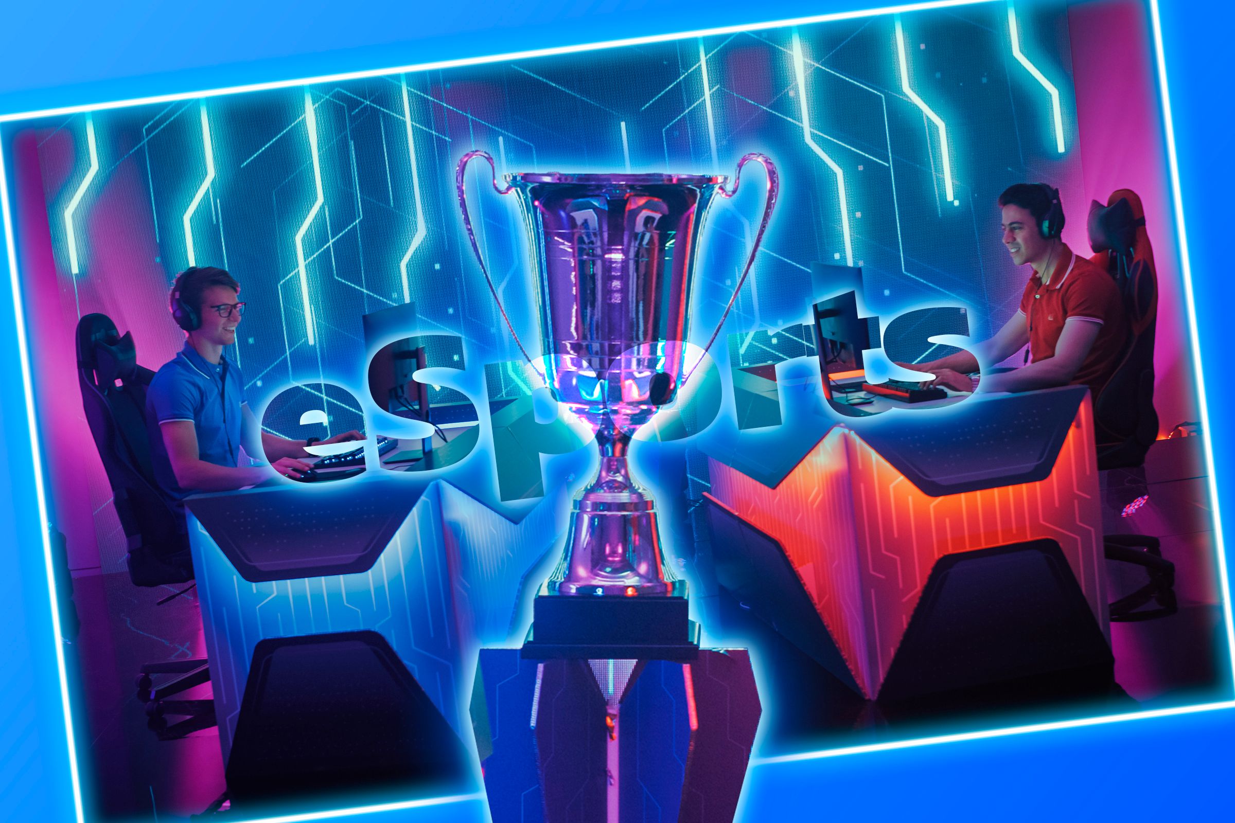 Two eSport gamers competing on a computer with a trophy in the center.