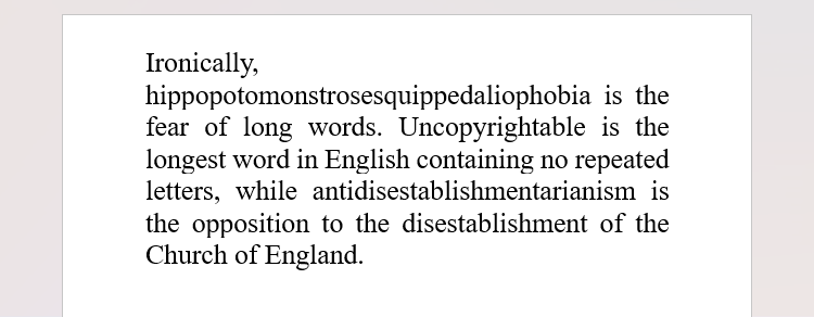 A Word document containing unhyphenated long words.