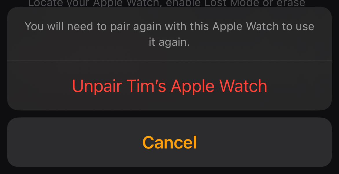 Unpairing an Apple Watch using the iPhone Watch app.