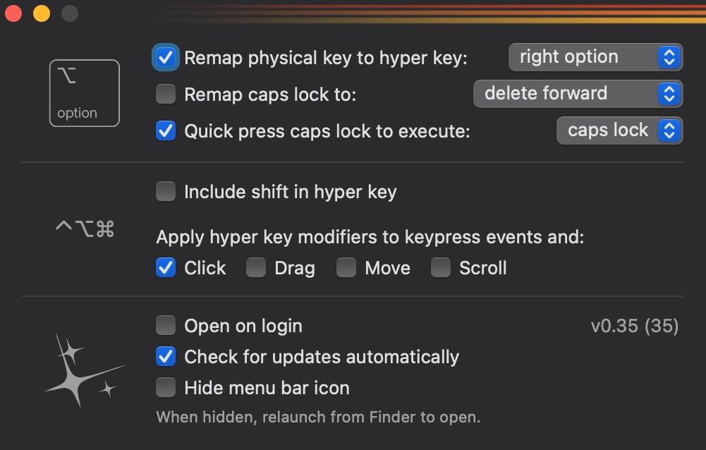 Hyper key enabled and set to Right Option key in the Hyperkey app on a Mac.