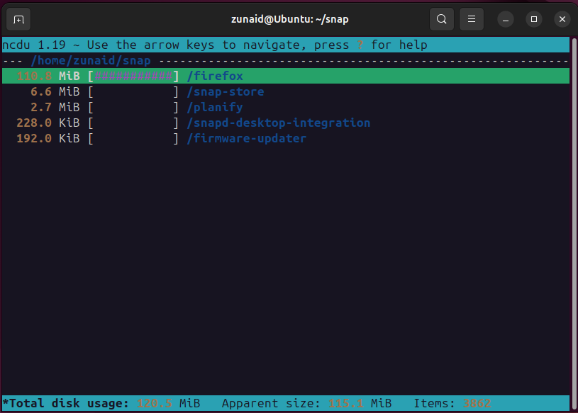 Using the ncdu command to analyze the disk space of the current directory.