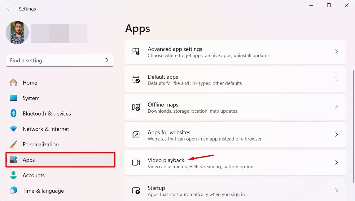 Video playback option in the Settings app.