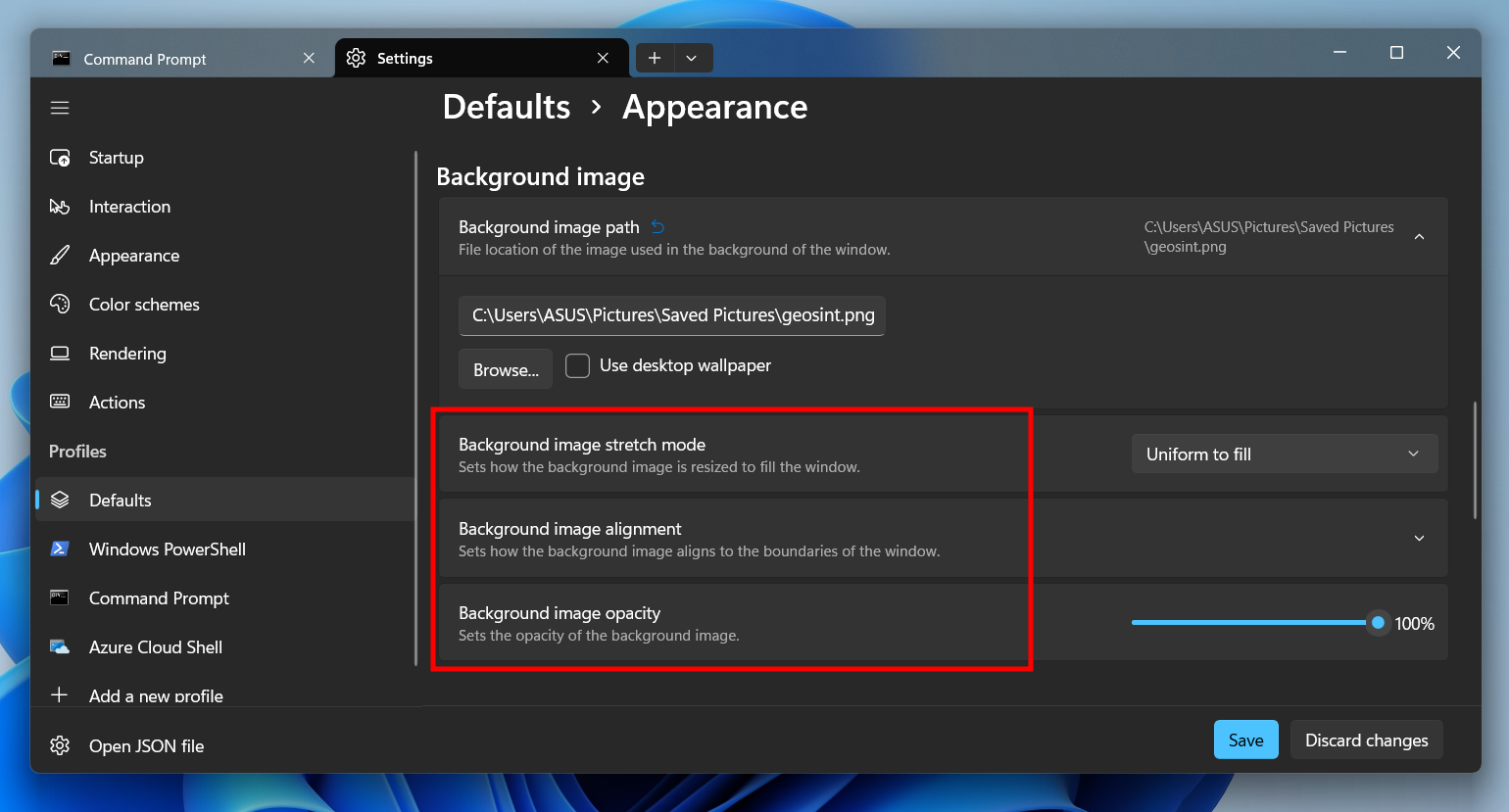 Windows Terminal background settings