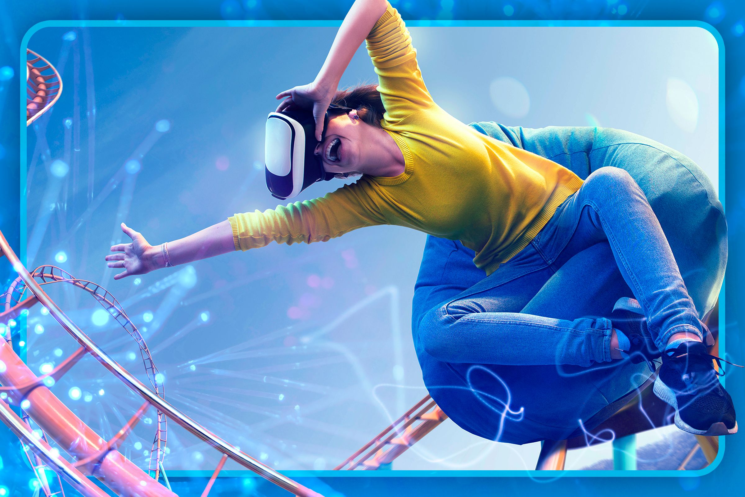 Woman on a roller coaster wearing an AR glasses.