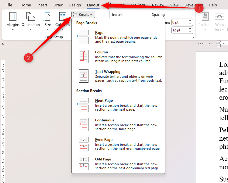 The Breaks menu in Microsoft Word, accessed via the Layout tab on the ribbon.