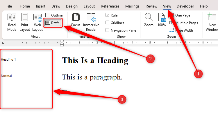 Word's Style Area Pane, opened via the Draft icon in the View tab on the ribbon.