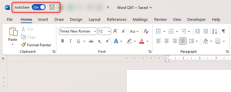 Microsoft Word with the Quick Access Toolbar activated and highlighted.