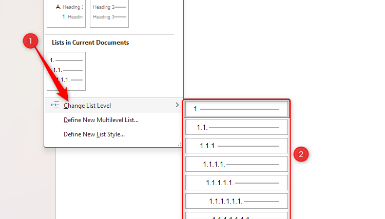 Word's Change List Level option in the multilevel list drop-down menu.