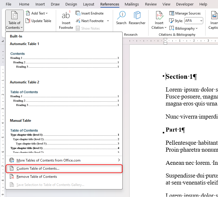 Word's Custom Table Of Contents option in the Table Of Contents drop-down menu.