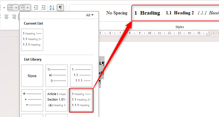 Word's multilevel lists with headings selected, and the corresponding headings in the Style Gallery highlighted.