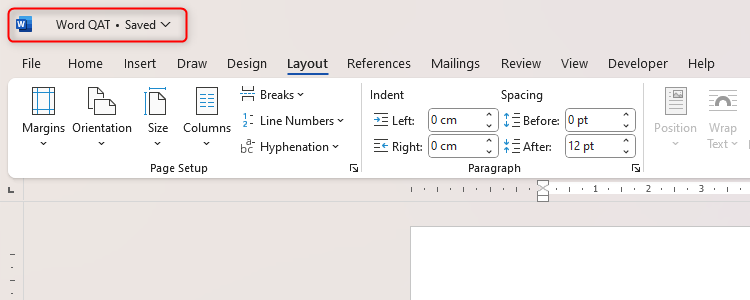 Microsoft Word with the Quick Access Toolbar disabled