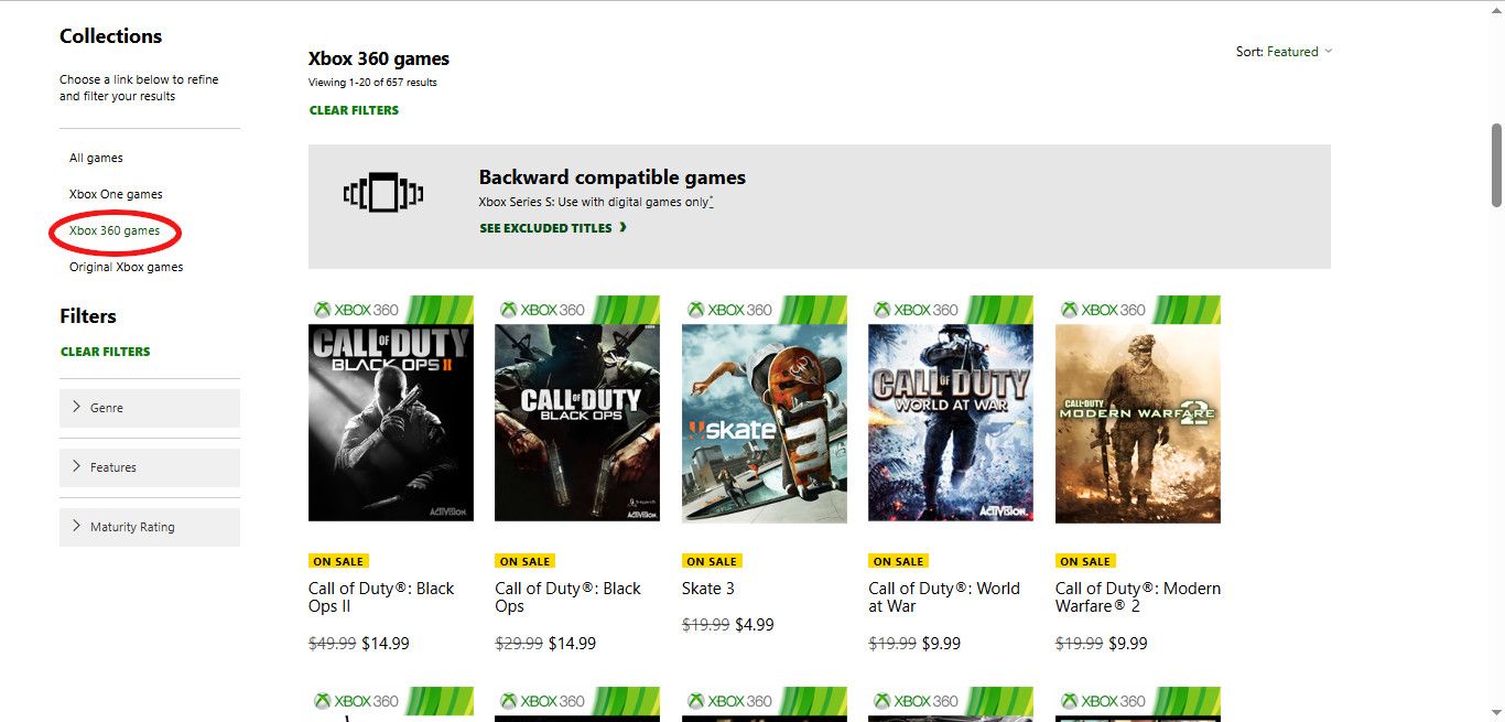 Uma captura de tela do Xbox.com com um filtro para "Xbox 360" circulado.