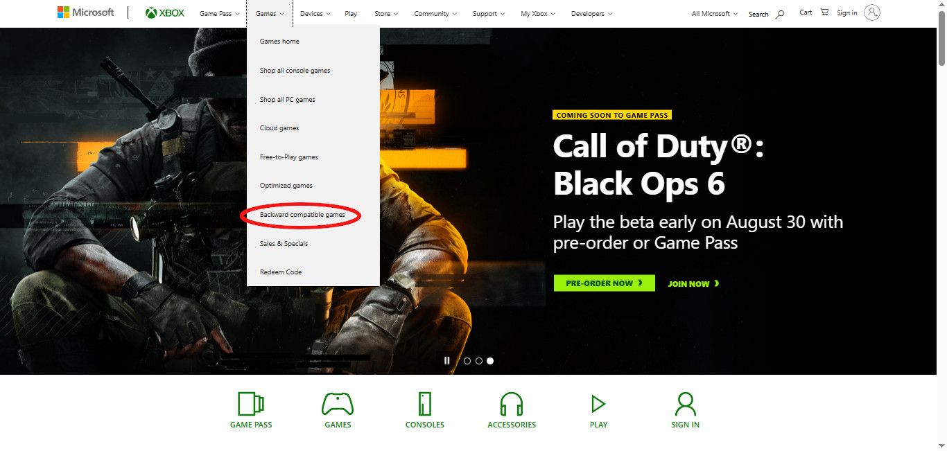 A dropdown menu on Xbox.com with "Backward Compatible" circled.