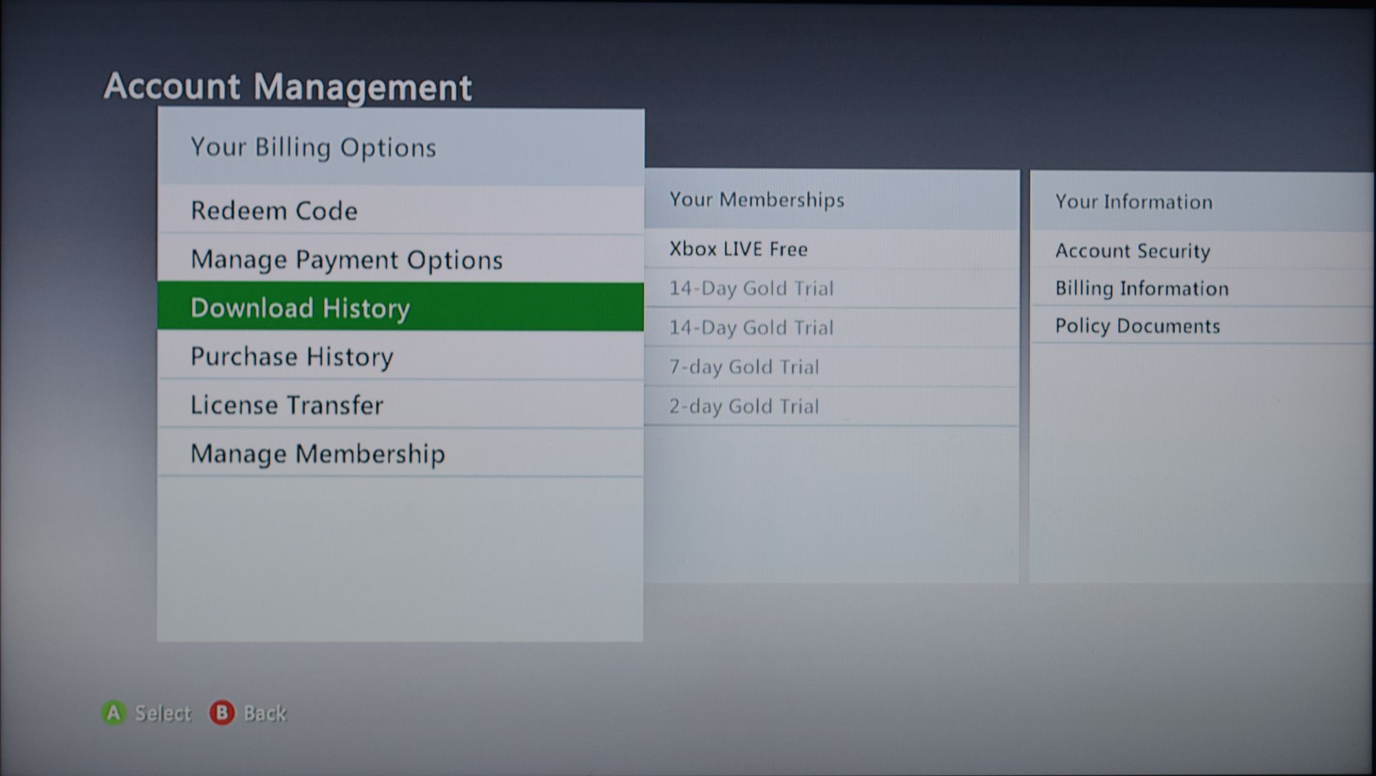 The Xbox 360 Account Management screen with "Download History" selected.