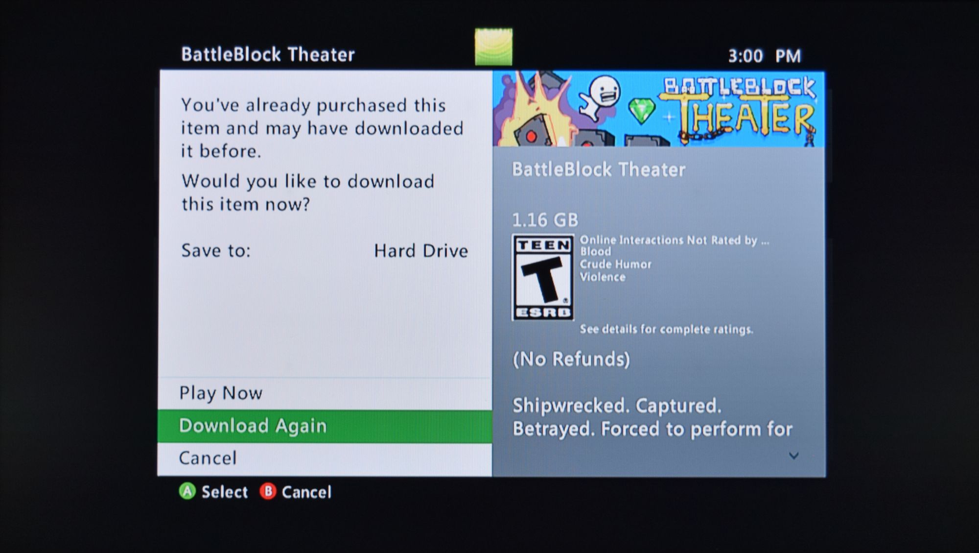 A tela de download do BattleBlock Theater no Xbox 360, com "Baixar novamente" selecionado.