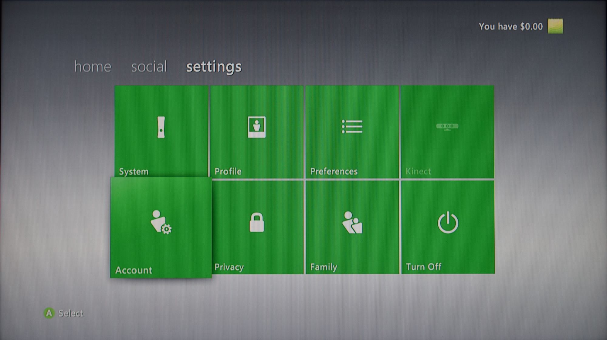 The settings page of the Xbox 360 dashboard with "Account" selected.