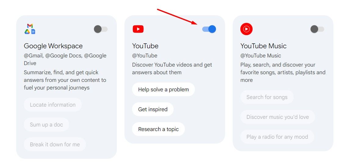 YouTube toggle in the Gemini webpage