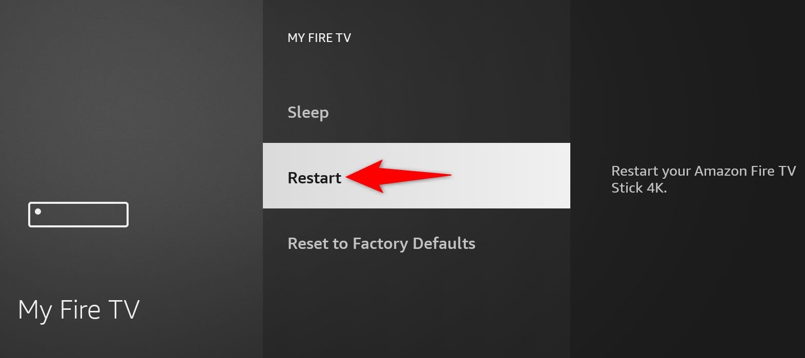 'Restart' highlighted in the 'My Fire TV' menu on a Fire TV Stick.