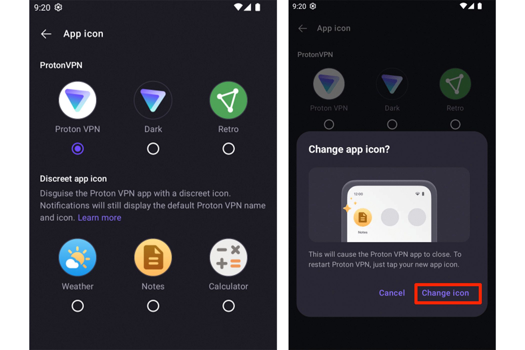 Disguising the Proton VPN app icon on an Android device.