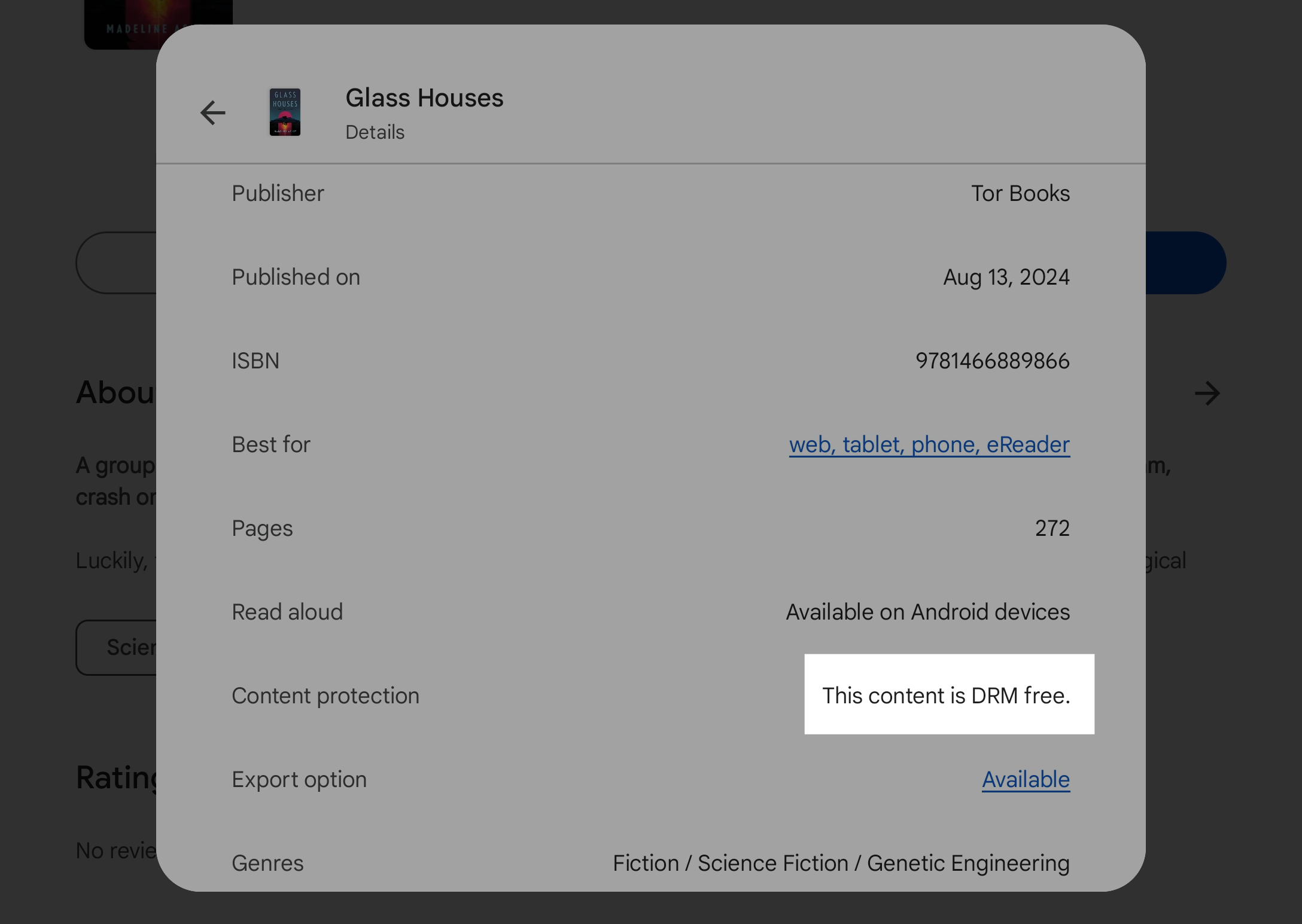 Book details on Google Play showing a book is DRM free. 