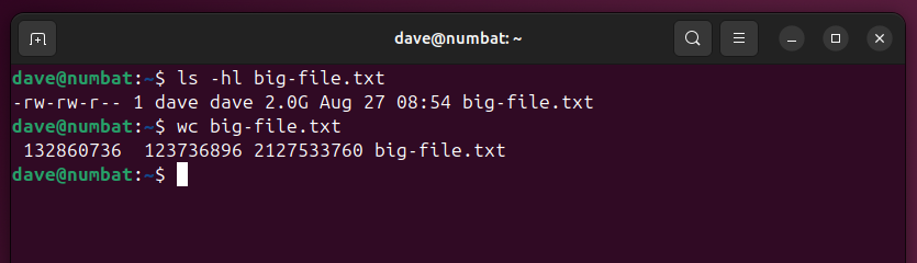 Using ls and wc to determine the characteristics of a file called big-file.txt.