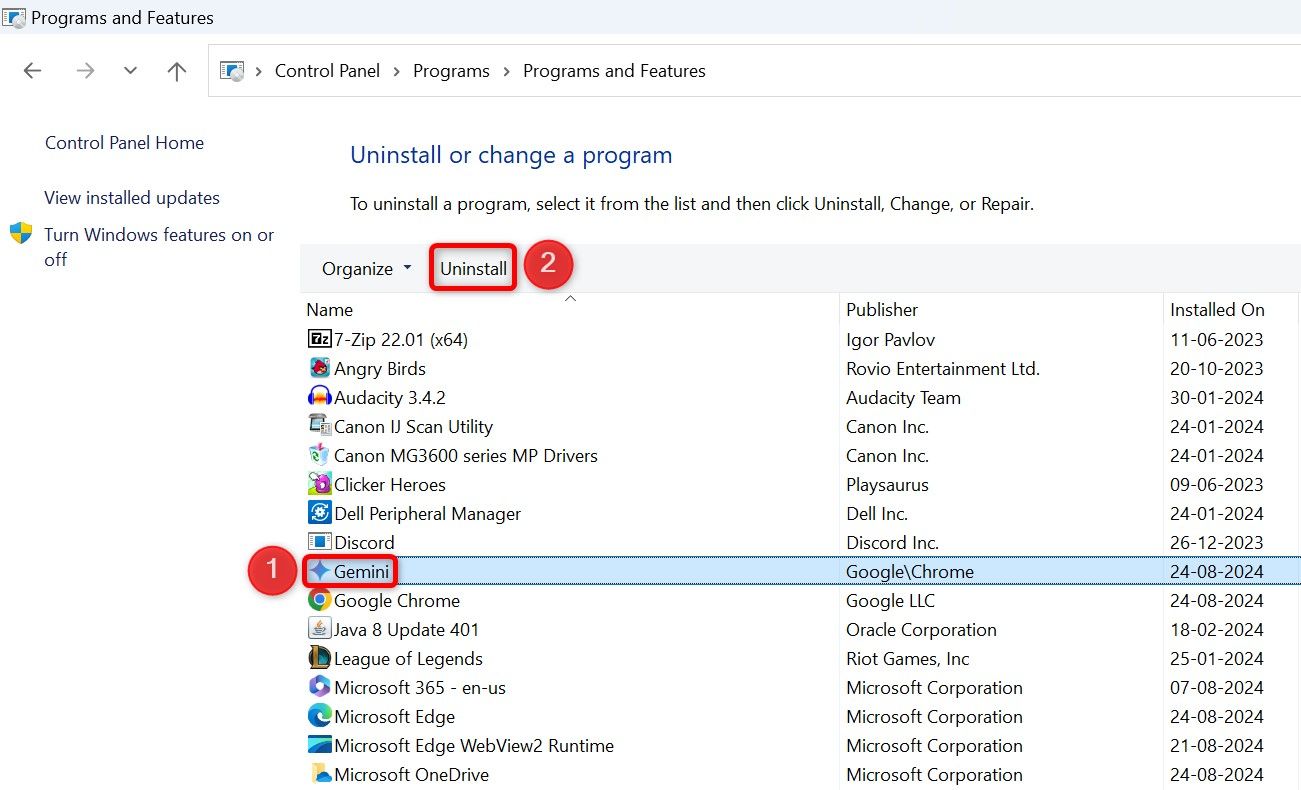 Gemini and 'Uninstall' highlighted in Control Panel.