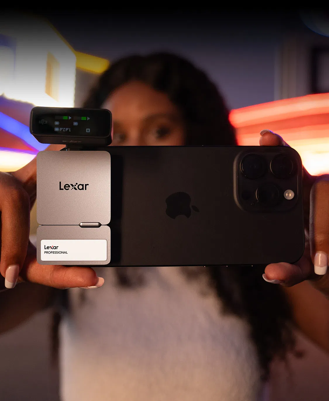 Lexar portable SSD and Hub mounted on an iPhone Pro.