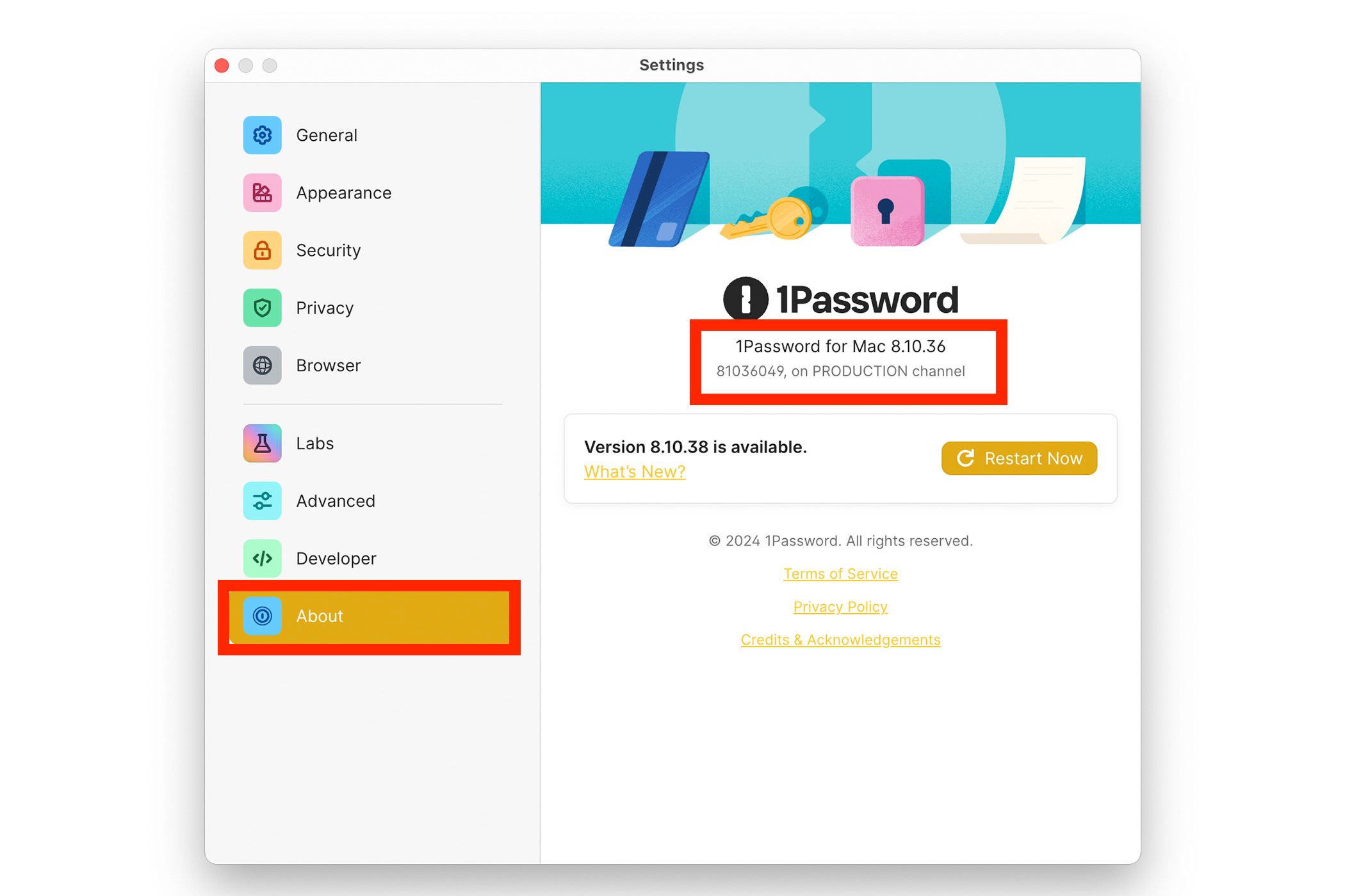 A screenshot of the 1Password &lsquo;About&rsquo; page with the current version number highlighted.