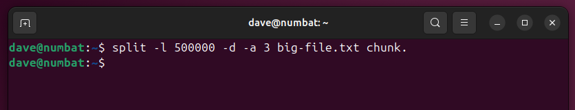 Splitting a file into chunks of 500,000 lines, with sequentially numbered files chunk.000, chunck.001, etc.