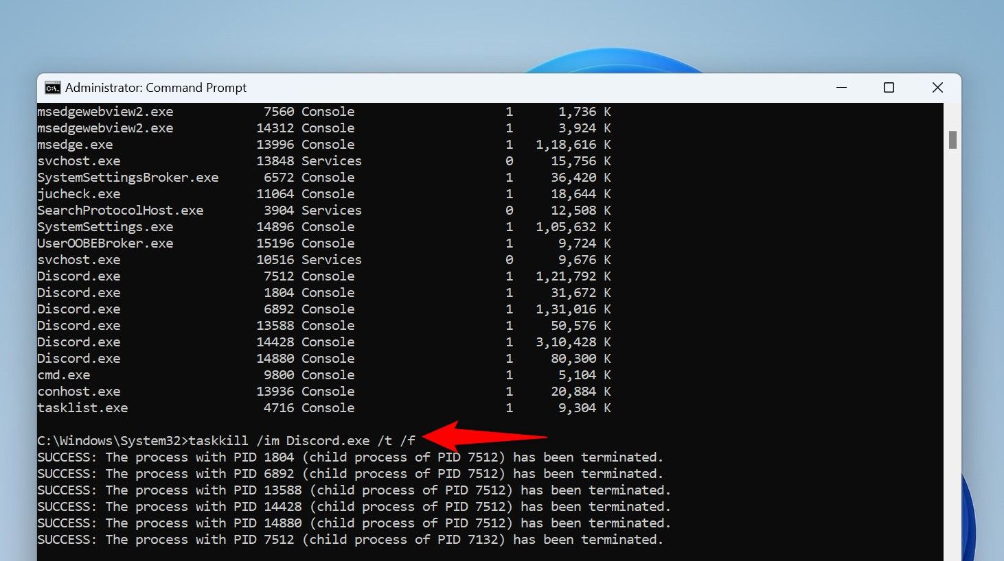 The 'taskkill' command typed in Command Prompt.