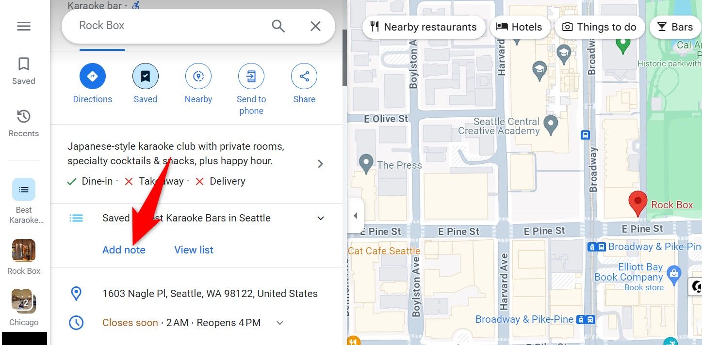 'Add Note' highlighted for a place in Google Maps for web.