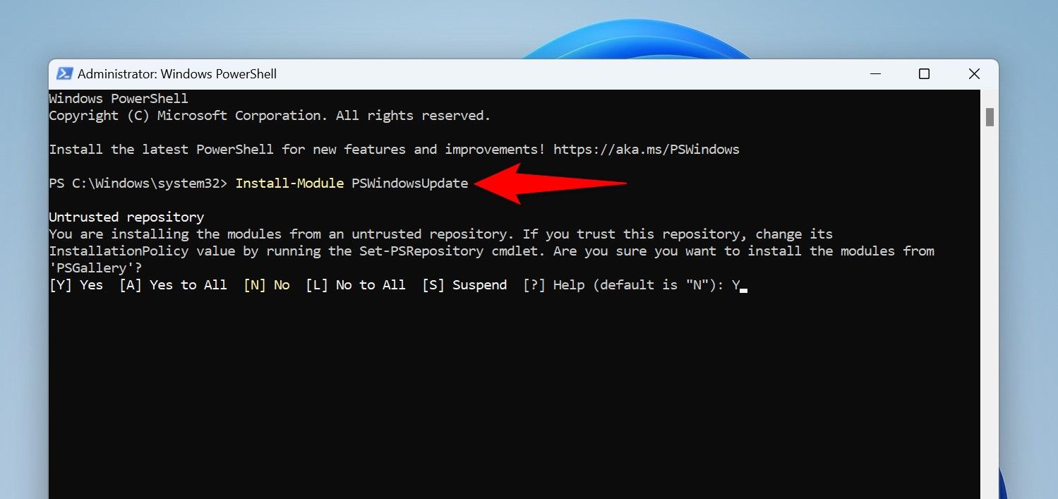 The cmdlet to install the Windows Update module typed in PowerShell.