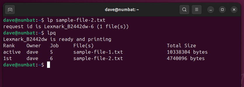 Adding another job to the print queue, and using lpq to inspect the queue, ina Linux terminal window.