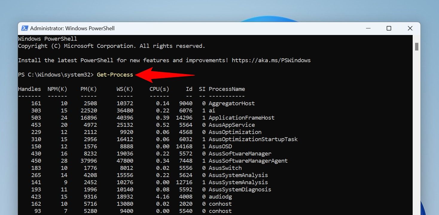 The 'Get-Process' command typed in PowerShell.