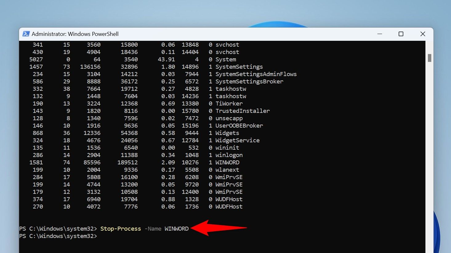 The 'Stop-Process' command typed in PowerShell.