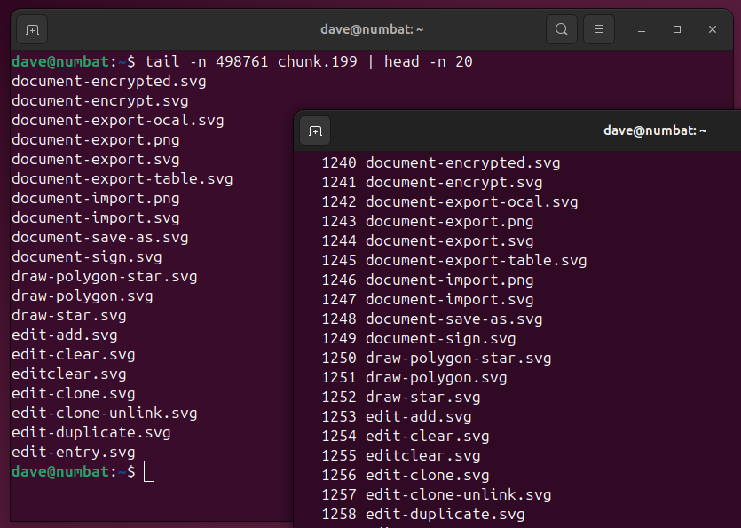 Using head and tail to display a portion of a file.