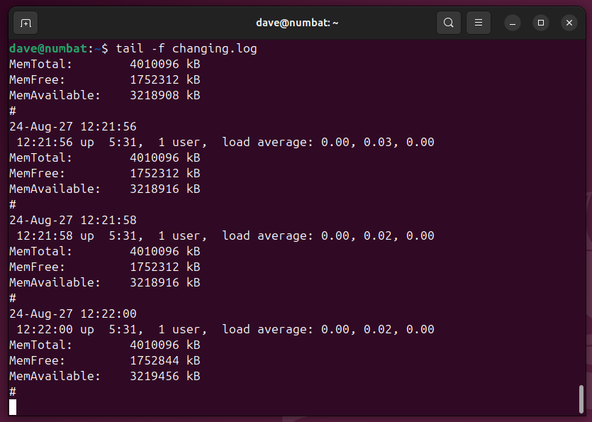 Using tail to monitor the bottom of a dynamic file that has new data added to it periodically.