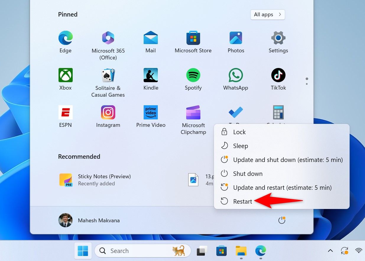 'Restart' highlighted in the Power menu of the Start Menu.