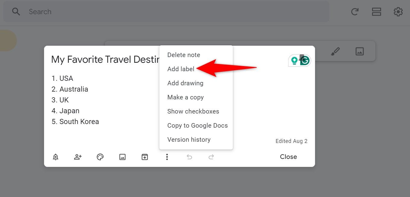 “Add label” highlighted for a note in Google Keep.