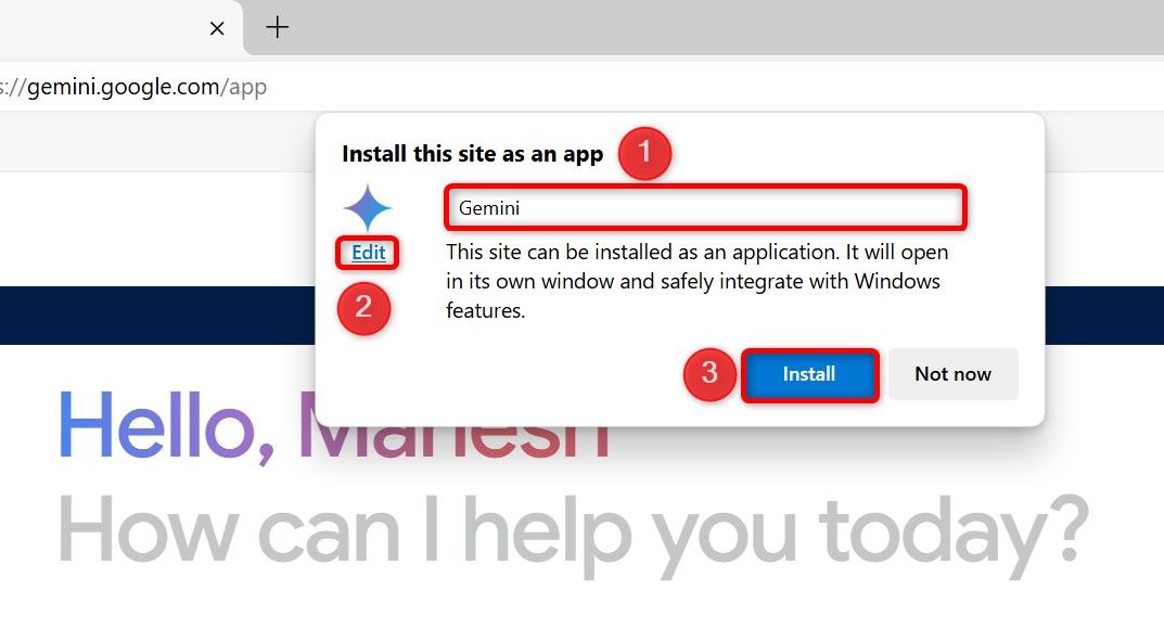 The app name field, 'Edit,' and 'Install' highlighted for Gemini in Edge.