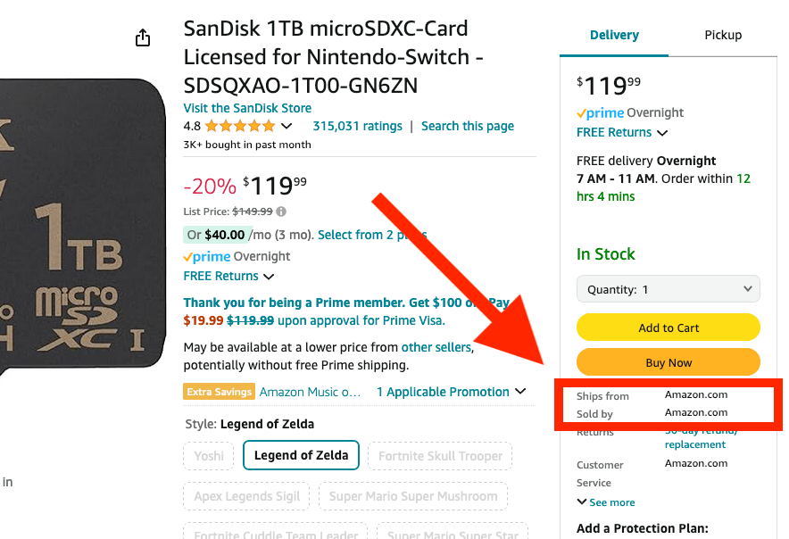 SD card product listing on Amazon that is shipped and sold by Amazon.