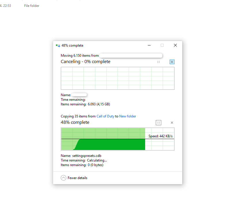 A screenshot showing a "dead" file transfer in Windows 10.