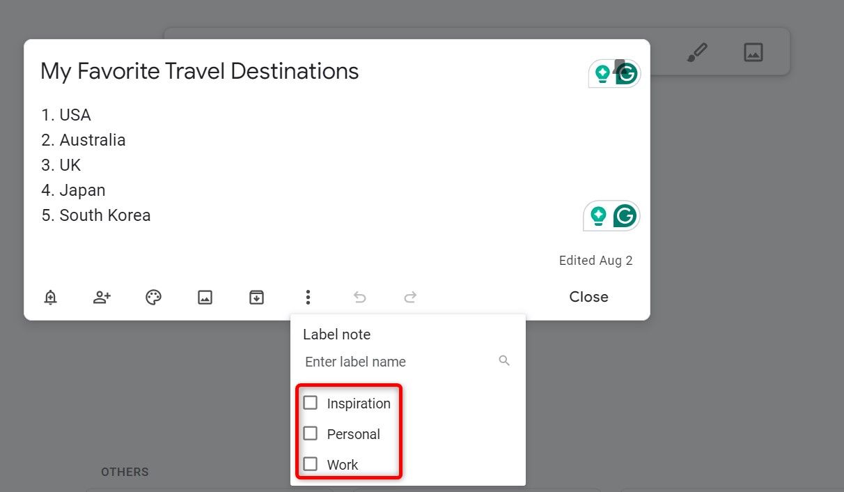 Existing note labels are highlighted in Google Keep.