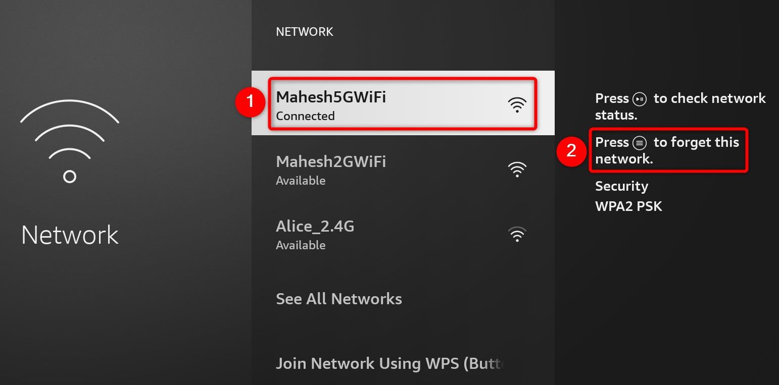 The current network and the forget option highlighted on Fire TV Stick.