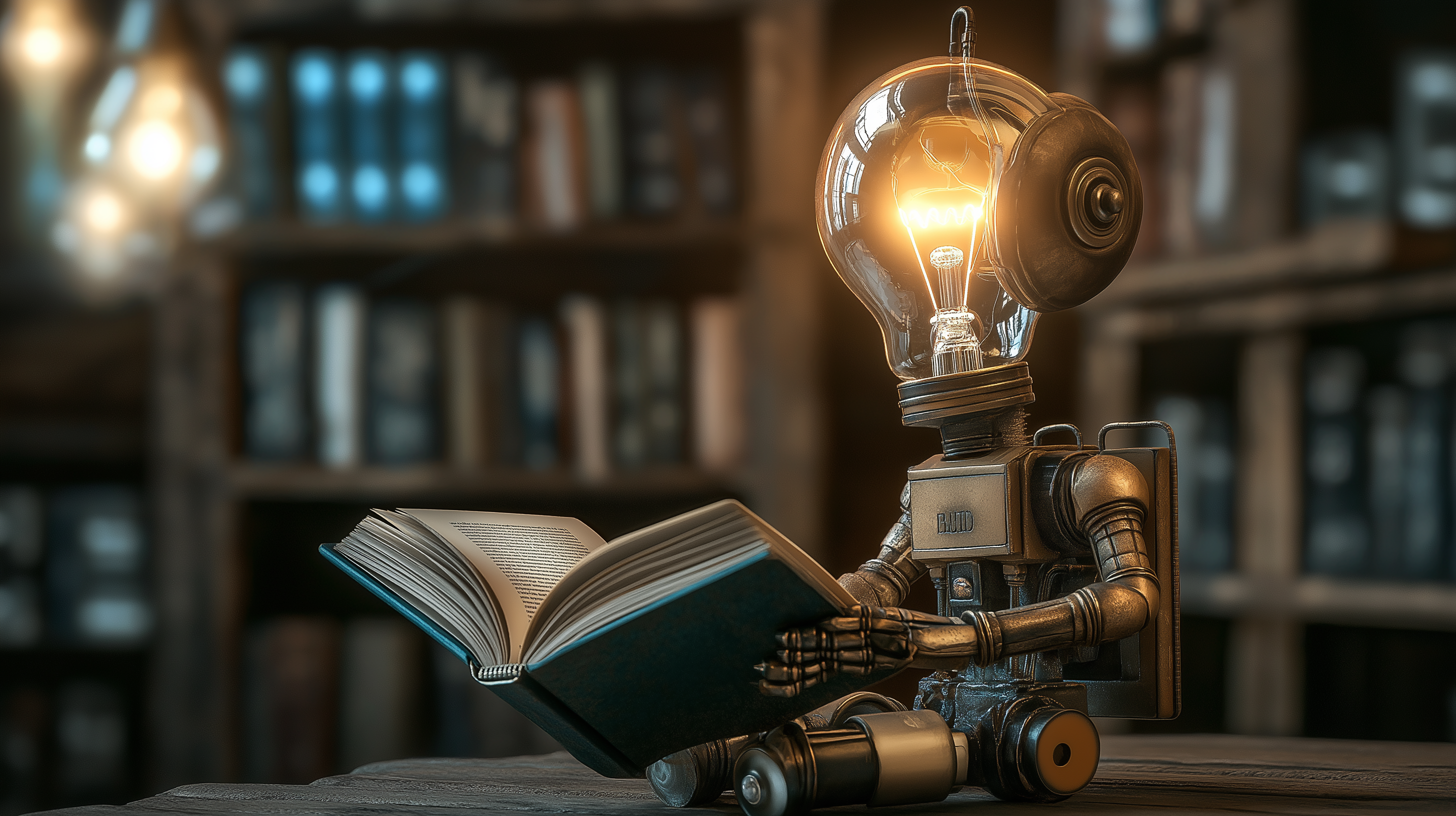 A robot has a lightbulb for a head and it's turned on as it reads a book