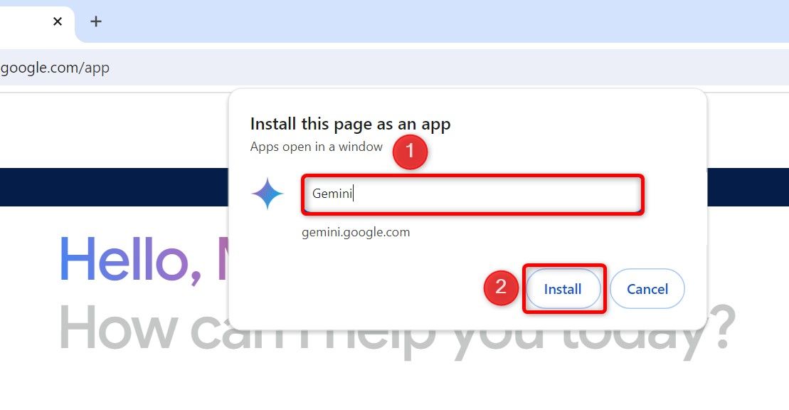 The app name field and 'Install' highlighted for Gemini in Chrome.