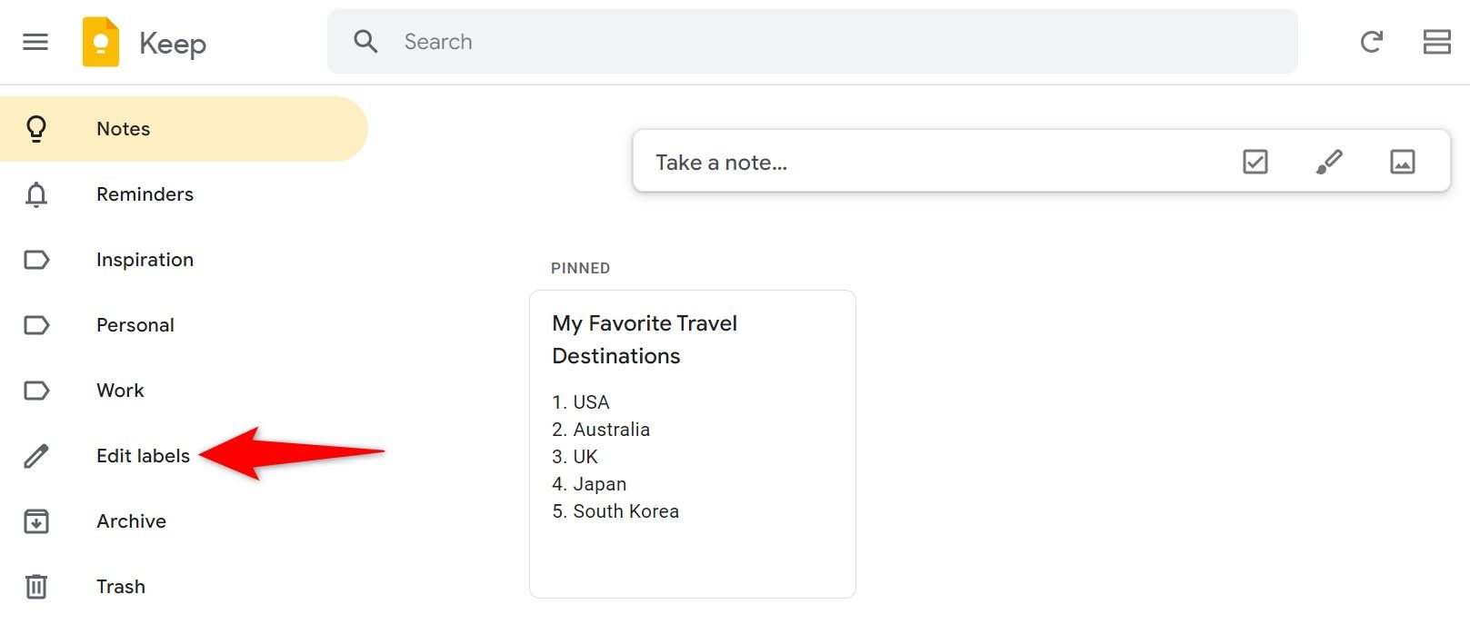 “Edit labels” highlighted in Google Keep.