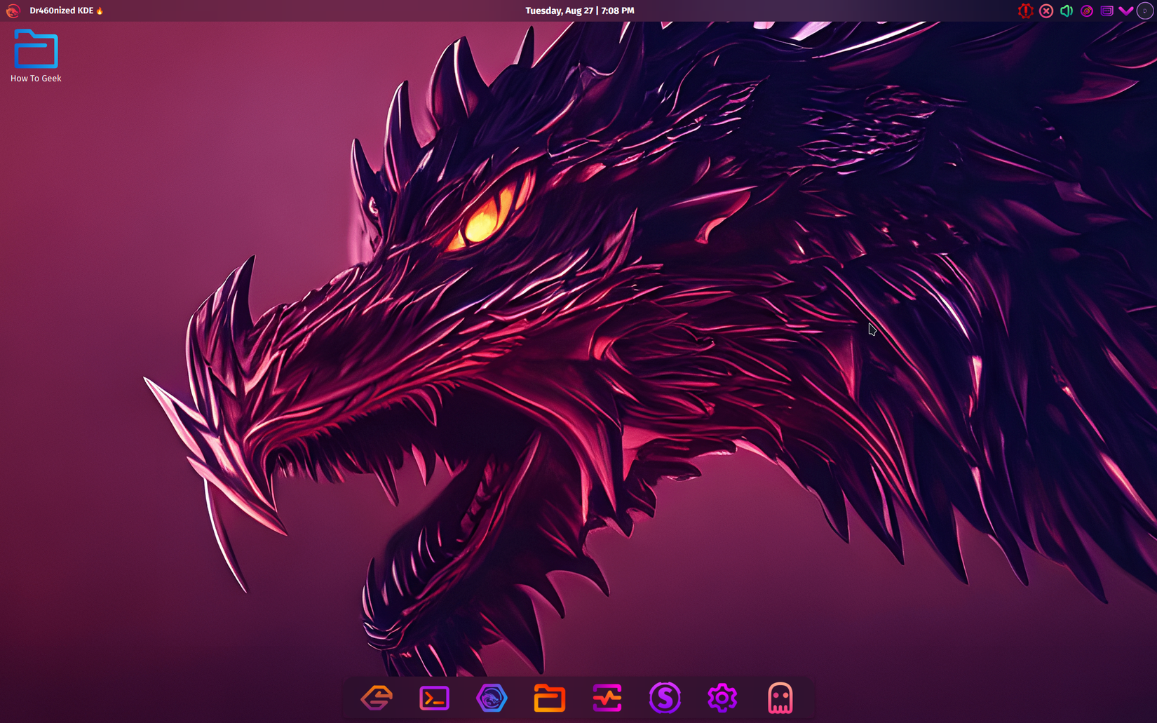 Garuda Linux Desktop Overview running KDE Plasma stylized to look like macOS with a Cyberpunk theme.