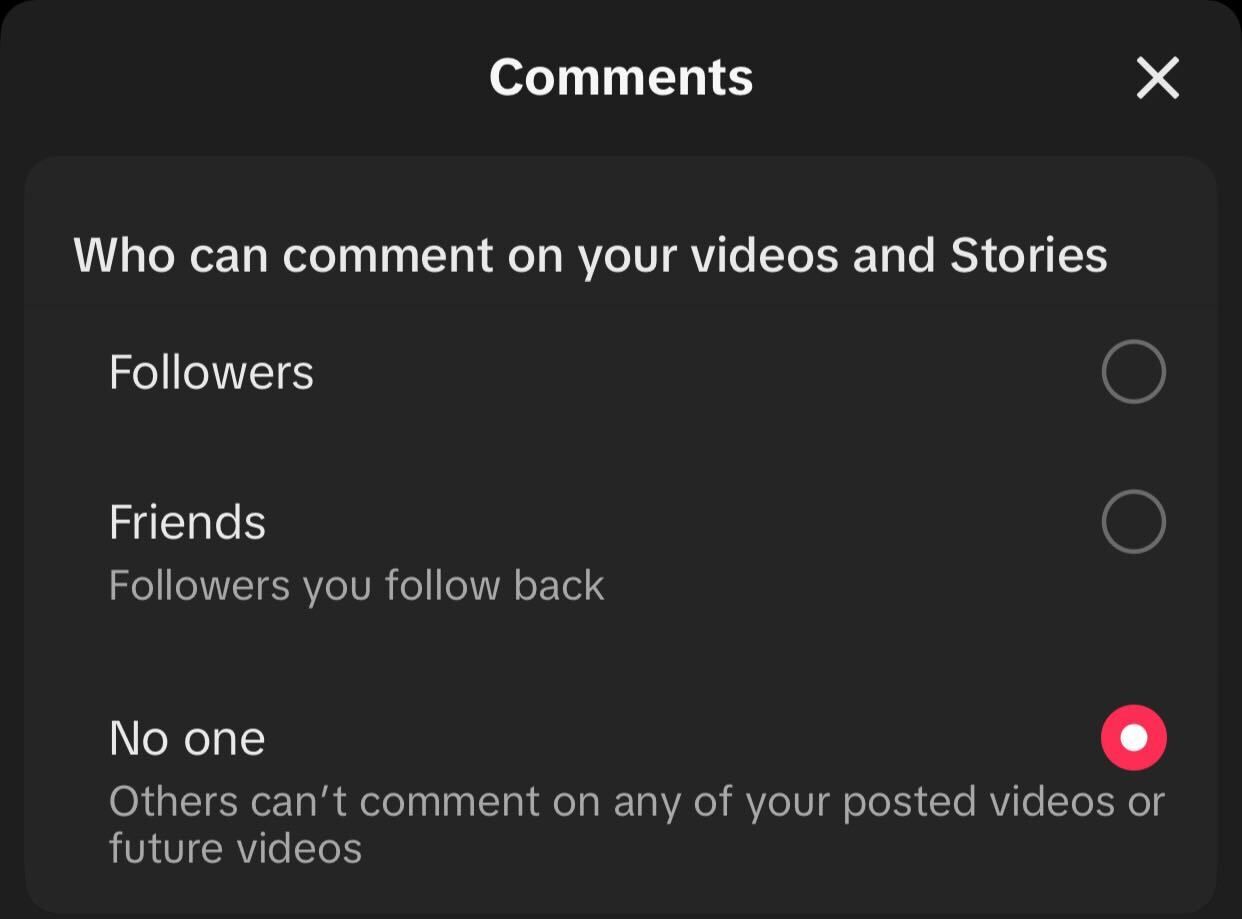 Managing who can comment on our TikTok videos.