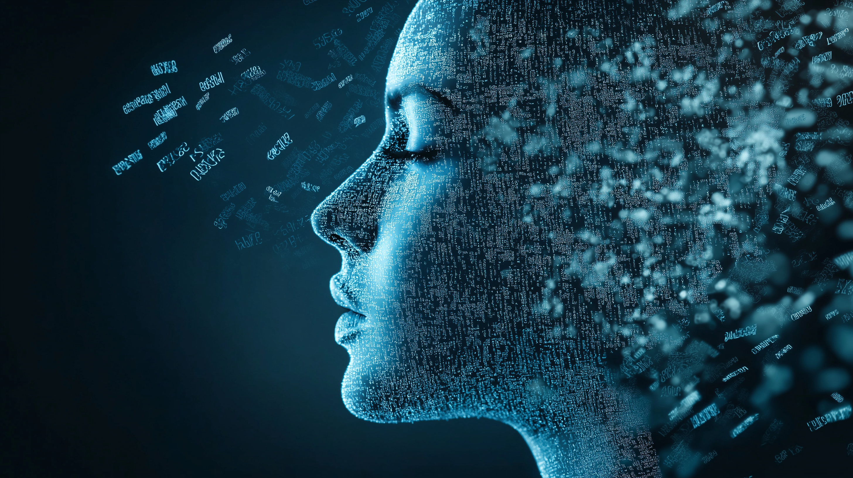 A human face made up of words